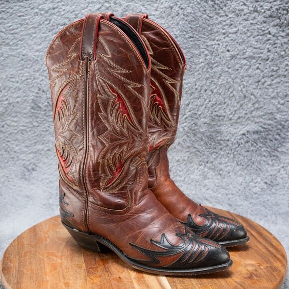 WOMENS VTG CODE WEST BRN BLK RED LEATHER WINGTIP COWBOY WESTERN BOOTS 6 M - Picture 1 of 7